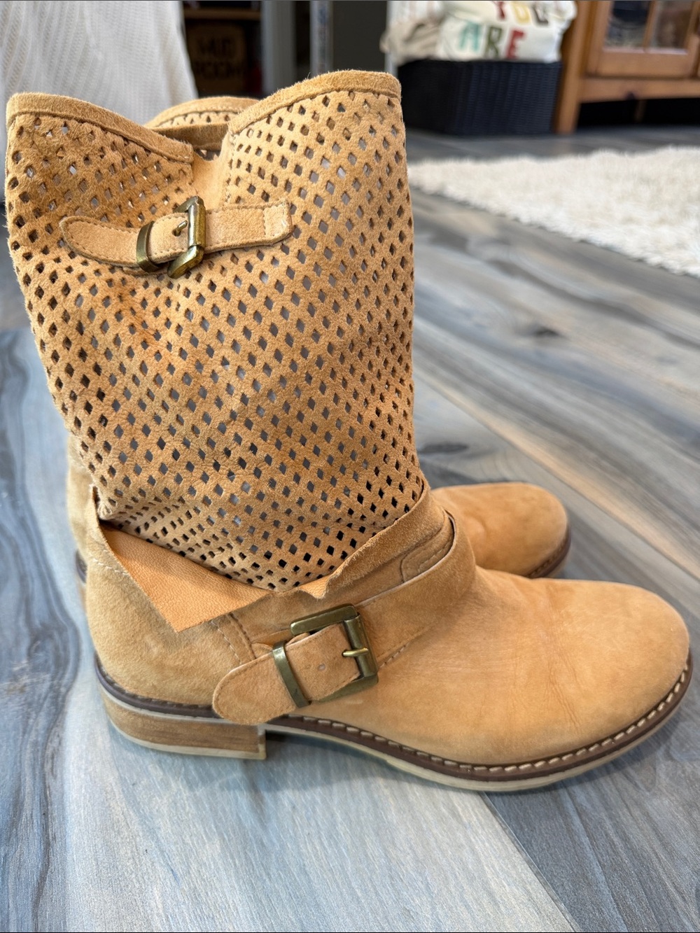 Perforated Suede Ankle Boots in Camel